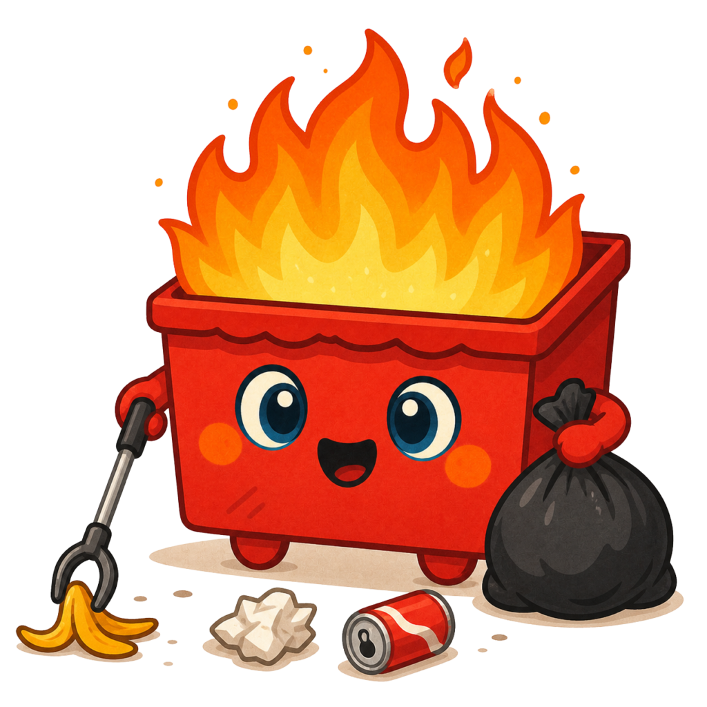 Dumpster Fire mascot, a smiling dumpster on fire using a litter grabber to pick up trash.