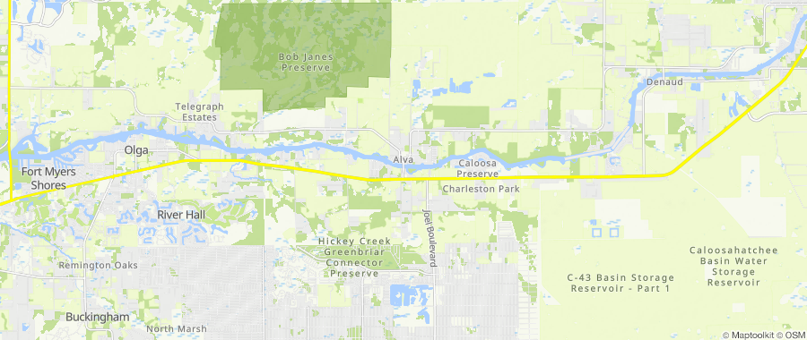 Map centered on Alva, FL, inside Dumpster Fire's service area