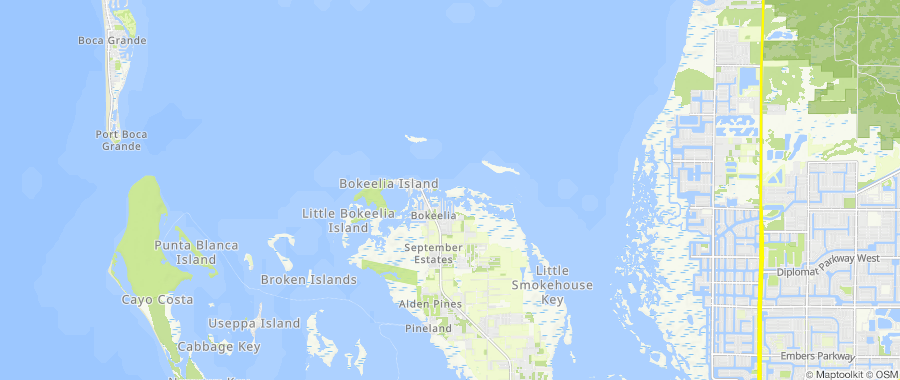 Map centered on Bokeelia, FL, inside Dumpster Fire's service area