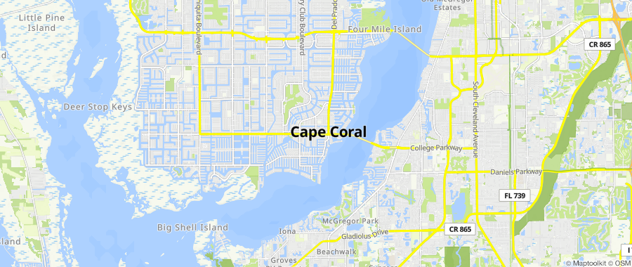 Map centered on Cape Coral, FL, inside Dumpster Fire's service area