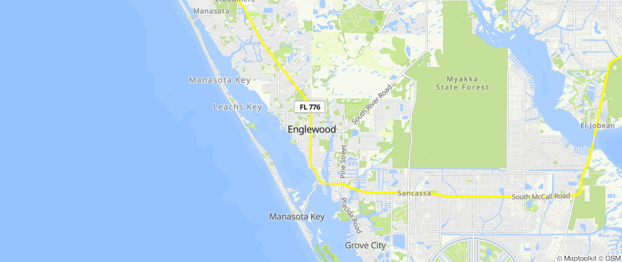 Map centered on Englewood, FL, inside Dumpster Fire's service area