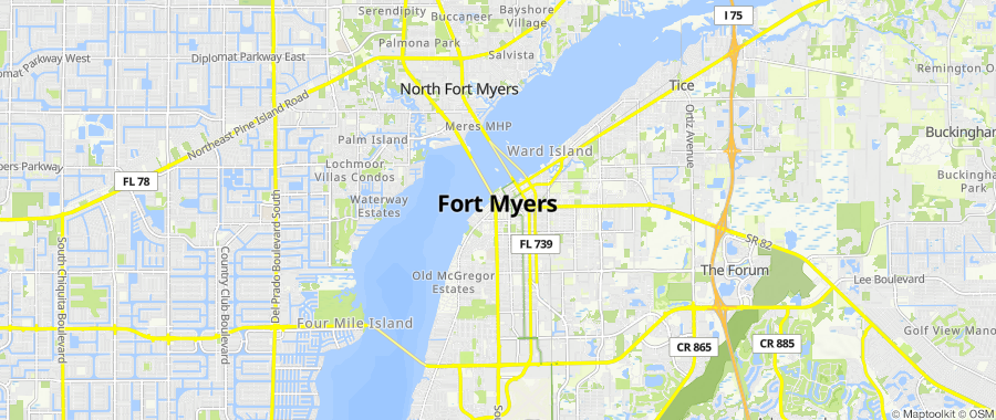 Map centered on Fort Myers, FL, inside Dumpster Fire's service area