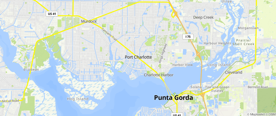 Map centered on Port Charlotte, FL, inside Dumpster Fire's service area