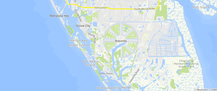 Map centered on Rotonda West, FL, inside Dumpster Fire's service area