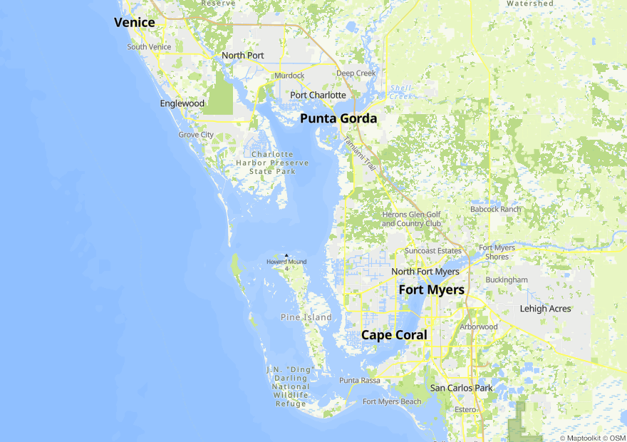 Map of Dumpster Fire's dumpster rental and junk removal service area across Charlotte and Lee County, FL, centered on Port Charlotte.